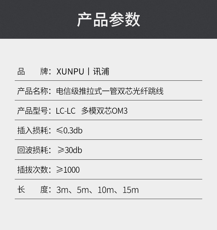 訊浦 萬兆多模光纖跳線LC-LC OM3一管雙芯拉桿推拉式尾纖3米~15米_http://oann34.cn_所有產品_第13張